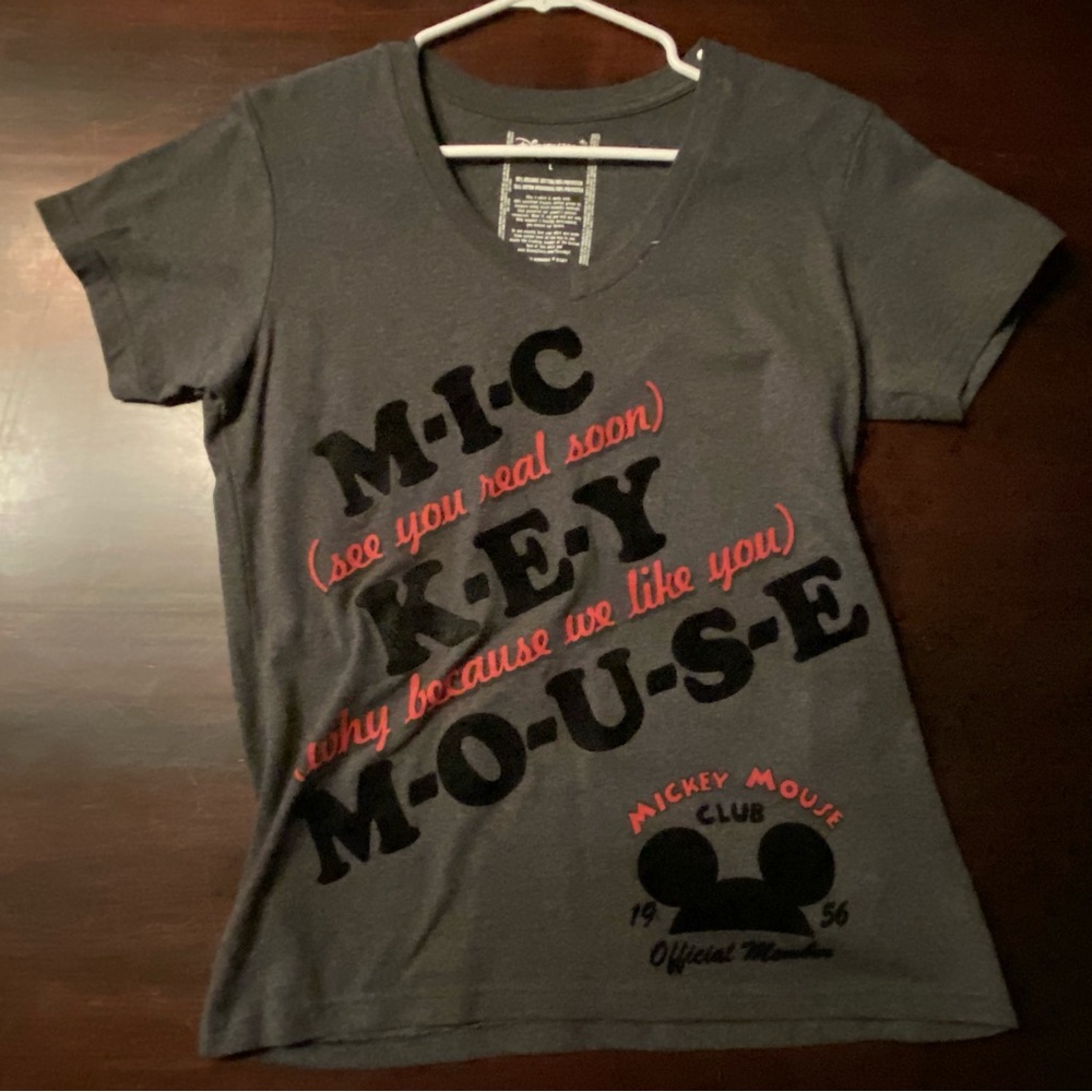 RARE Disney Women’s Mickey Mouse Club Gray V-neck Resort T-Shirt, Size L, NWOT